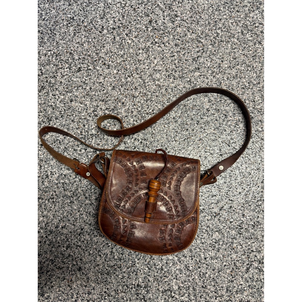 Vintage Hand Tooled Leather Crossbody Bag Brown Geometric Saddle Purse Toggle